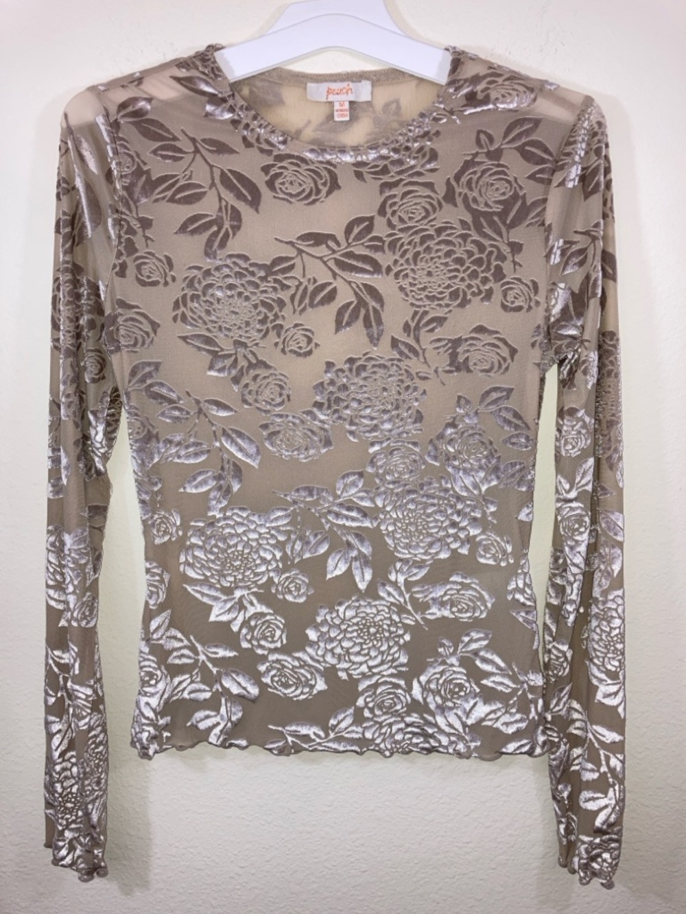 Peach Brand Light Taupe/Beige Sheer Floral Velour Flocked Long-Sleeve Top Size M